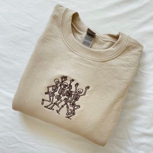 Tan/Beige Halloween Dancing Skeletons Oversized Crewneck Embroidered Sweatshirt